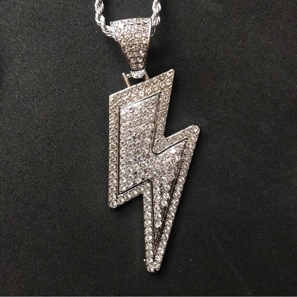 Silver Pendant and Rope Chain Lightning Bolt